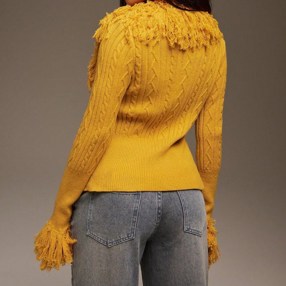 Yellow Casual Women's Fringe Detail Open Front Sweater Cardigan - Picture 5 of 7